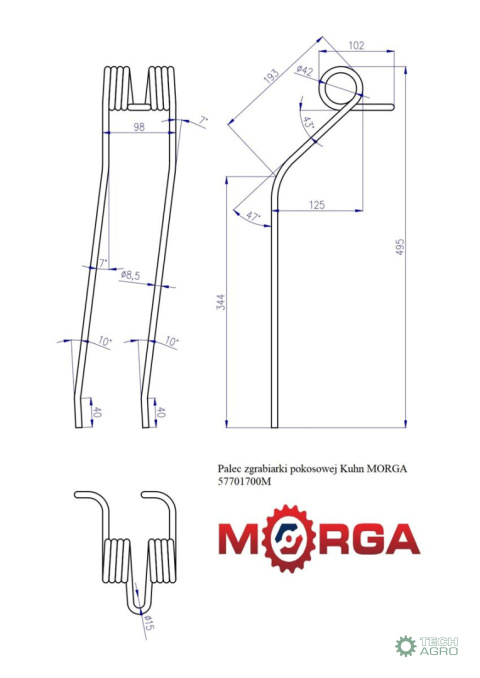 Palec zgrabiarki pokosowej 57701700 Kuhn malowane proszkowo MORGA Palec zgrabiarki pokosowej 57701700 Kuhn malowane proszkowo MORGA