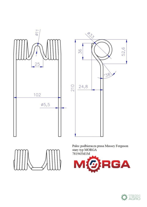 Palec podbieracza prasa Massey Ferguson stary typ malowane proszkowo MORGA Palec podbieracza prasa Massey Ferguson stary typ malowane proszkowo MORGA