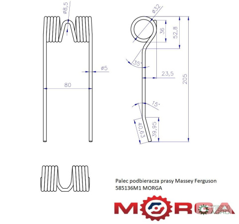 Palec podbieracza prasy Massey Ferguson 585136M1 malowany proszkowo MORGA Palec podbieracza prasy Massey Ferguson 585136M1 malowany proszkowo MORGA