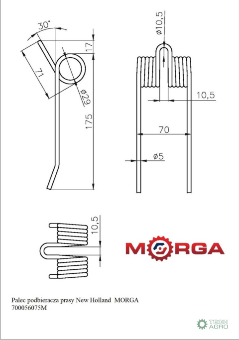 Palec podbieracza prasy New Holland 700054690 malowane proszkowo MORGA Palec podbieracza prasy New Holland 700054690 malowane proszkowo MORGA