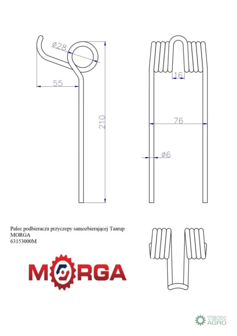 Palec podbieracza przyczepy samozbierają Taarup malowane proszkowo MORGA Palec podbieracza przyczepy samozbierają Taarup malowane proszkowo MORGA