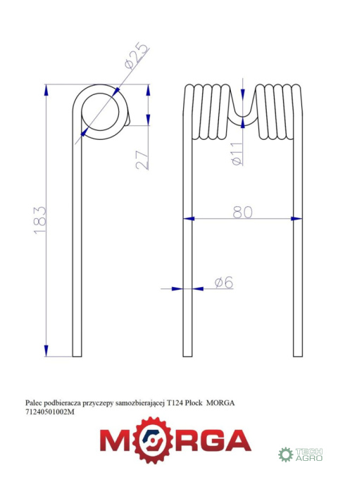 Palec podbieracza przyczepy samozbierającej T124 71240501002 Płock malowane proszkowo MORGA Palec podbieracza przyczepy samozbierającej T124 71240501002 Płock malowane proszkowo MORGA