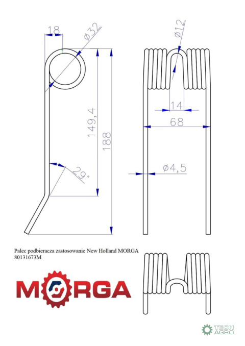 Palec podbieracza zastosowanie New Holland malowane proszkowo MORGA Palec podbieracza zastosowanie New Holland malowane proszkowo MORGA