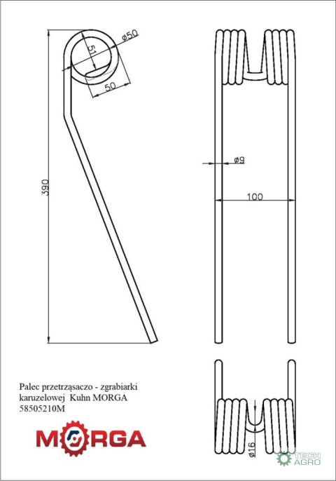 Palec przetrząsaczo - zgrabiarki karuzelowej Kuhn malowane proszkowo MORGA Palec przetrząsaczo - zgrabiarki karuzelowej Kuhn malowane proszkowo MORGA