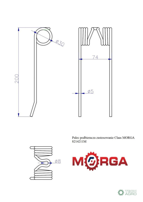 Palec podbieracza zastosowanie Claas 8214211 8603510 malowane proszkowo MORGA Palec podbieracza zastosowanie Claas 8214211 8603510 malowane proszkowo MORGA