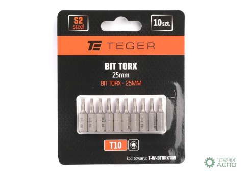 Bit TORX 25 mm/T10 (ZESTAW 10 SZT) / TEGER Bit TORX 25 mm/T10 (ZESTAW 10 SZT) / TEGER