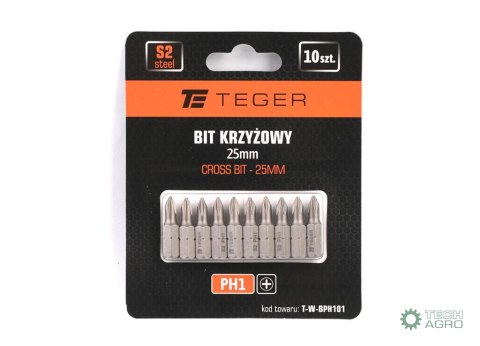 Bit krzyżowy PH 25 mm/PH1 (ZESTAW 10 SZT) / TEGER Bit krzyżowy PH 25 mm/PH1 (ZESTAW 10 SZT) / TEGER