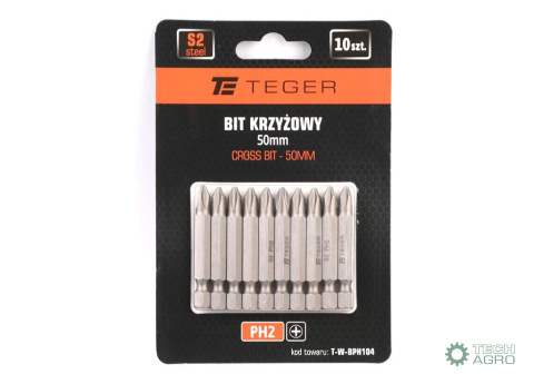 Bit krzyżowy PH 50 mm/PH2 (ZESTAW 10 SZT) / TEGER Bit krzyżowy PH 50 mm/PH2 (ZESTAW 10 SZT) / TEGER