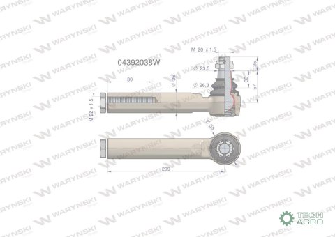 Przegub kierowniczy 209mm- M22x1,5 04392 2038, 04358286 WARYŃSKI Przegub kierowniczy 209mm- M22x1,5 04392 2038, 04358286 WARYŃSKI