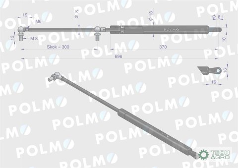 Siłownik szyby przedniej L max. 696mm 222114A0P CASE IH POLMO Siłownik szyby przedniej L max. 696mm 222114A0P CASE IH POLMO