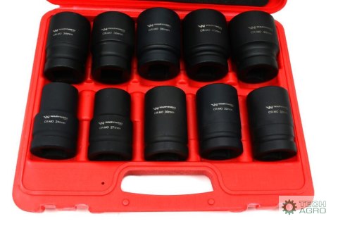 Zestaw nasadek udarowych 1" 10 cz. 24. 27. 30. 32. 33. 34 .36. 38. 41. 46 mm ze stali CrMo DIN 3129 Waryński Zestaw nasadek udarowych 1" 10 cz. 24. 27. 30. 32. 33. 34 .36. 38. 41. 46 mm ze stali CrMo DIN 3129 Waryński