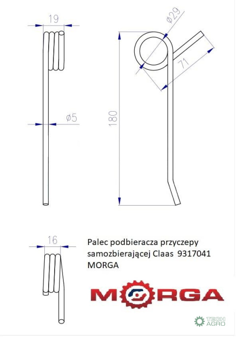 Palec podbieracza przyczepy samozbierającej Claas malowane proszkowo MORGA Palec podbieracza przyczepy samozbierającej Claas malowane proszkowo MORGA