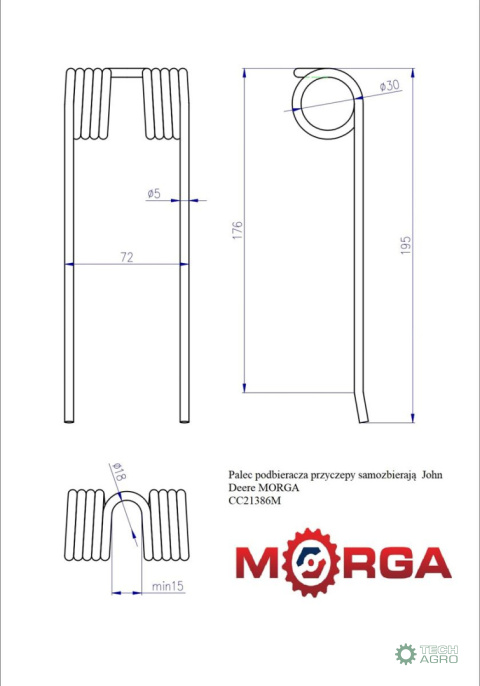 Palec podbieracza przyczepy samozbierającej John Deere malowane proszkowo MORGA Palec podbieracza przyczepy samozbierającej John Deere malowane proszkowo MORGA