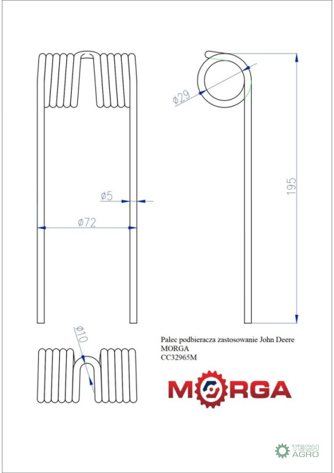 Palec podbieracza zastosowanie John Deere CC32965 malowane proszkowo MORGA Palec podbieracza zastosowanie John Deere CC32965 malowane proszkowo MORGA