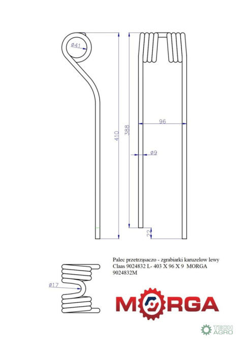 Palec przetrząsaczo - zgrabiarki karuzelow lewy Claas 9024832 L- 403 X 96 X 9 malowane proszkowo MORGA Palec przetrząsaczo - zgrabiarki karuzelow lewy Claas 9024832 L- 403 X 96 X 9 malowane proszkowo MORGA