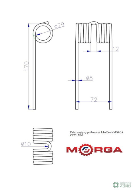 Palec sprężysty podbieracza John Deere CC25176 malowane proszkowo MORGA Palec sprężysty podbieracza John Deere CC25176 malowane proszkowo MORGA