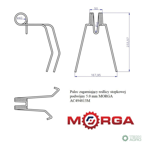 Palec zagarniający redlicy stopkowej podwójny 5.0 mm malowany proszkowo MORGA Palec zagarniający redlicy stopkowej podwójny 5.0 mm malowany proszkowo MORGA