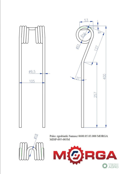 Palec zgrabiarki 395mm Samasz malowane proszkowo MORGA Palec zgrabiarki 395mm Samasz malowane proszkowo MORGA