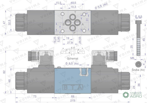 Rozdzielacz (elektrozawór CETOP 3 NG6) 3-pozycyjny 50L suwak "G" (cewki x2) 230V VOIMA Rozdzielacz (elektrozawór CETOP 3 NG6) 3-pozycyjny 50L suwak "G" (cewki x2) 230V VOIMA