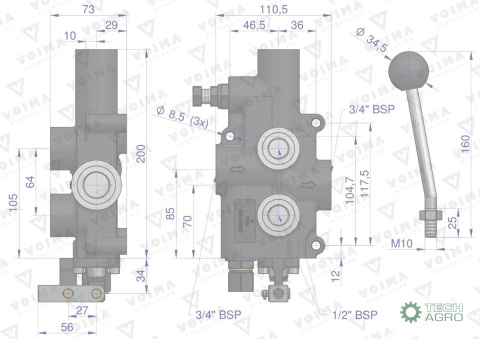 Rozdzielacz hydrauliczny 1-sekcyjny 80L do łuparek (sprężyna i zatrzask z odskokiem) VOIMA Rozdzielacz hydrauliczny 1-sekcyjny 80L do łuparek (sprężyna i zatrzask z odskokiem) VOIMA