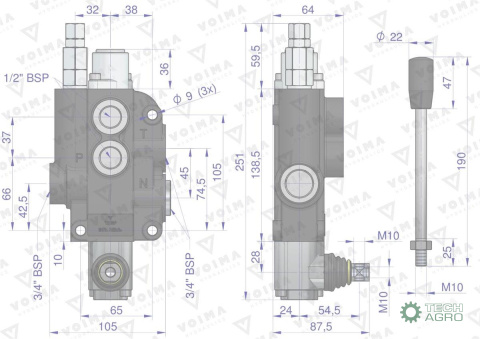 Rozdzielacz hydrauliczny 1-sekcyjny 80L z zatrzaskiem VOIMA Rozdzielacz hydrauliczny 1-sekcyjny 80L z zatrzaskiem VOIMA
