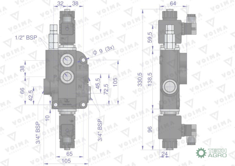 Rozdzielacz hydrauliczny 1-sekcyjny sterowany elektrycznie 12V 80L VOIMA Rozdzielacz hydrauliczny 1-sekcyjny sterowany elektrycznie 12V 80L VOIMA