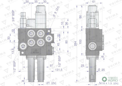 Rozdzielacz hydrauliczny 2-sekcyjny 40L (1-sekcja pływająca) sterowany na linkę VOIMA Rozdzielacz hydrauliczny 2-sekcyjny 40L (1-sekcja pływająca) sterowany na linkę VOIMA