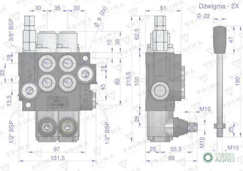 Rozdzielacz hydrauliczny 2-sekcyjny 40L (1 sekcja - z zatrzaskiem) VOIMA Rozdzielacz hydrauliczny 2-sekcyjny 40L (1 sekcja - z zatrzaskiem) VOIMA