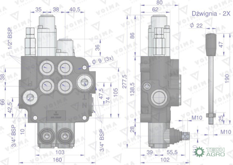 Rozdzielacz hydrauliczny 2-sekcyjny 80L (1-sekcja pływająca) VOIMA Rozdzielacz hydrauliczny 2-sekcyjny 80L (1-sekcja pływająca) VOIMA