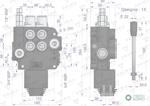 Rozdzielacz hydrauliczny 2-sekcyjny 80L z joystickiem VOIMA Rozdzielacz hydrauliczny 2-sekcyjny 80L z joystickiem VOIMA