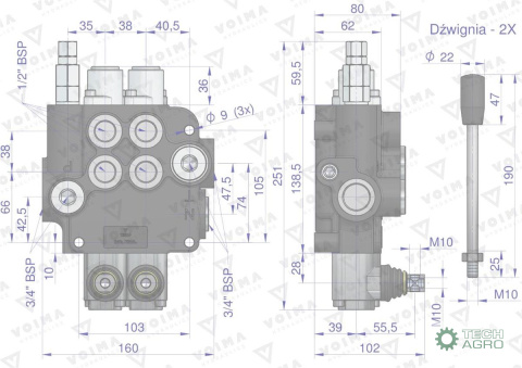 Rozdzielacz hydrauliczny 2-sekcyjny 80L z zatrzaskami VOIMA Rozdzielacz hydrauliczny 2-sekcyjny 80L z zatrzaskami VOIMA