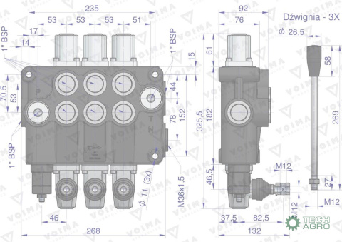 Rozdzielacz hydrauliczny 3-sekcyjny 120L VOIMA Rozdzielacz hydrauliczny 3-sekcyjny 120L VOIMA