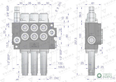 Rozdzielacz hydrauliczny 3-sekcyjny 40L sterowany na linkę VOIMA Rozdzielacz hydrauliczny 3-sekcyjny 40L sterowany na linkę VOIMA