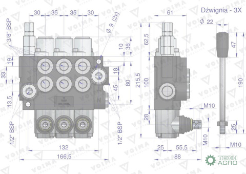 Rozdzielacz hydrauliczny 3-sekcyjny 40L z zatrzaskami VOIMA Rozdzielacz hydrauliczny 3-sekcyjny 40L z zatrzaskami VOIMA