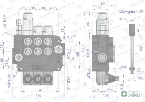 Rozdzielacz hydrauliczny 3-sekcyjny 80L (1-sekcja pływająca) VOIMA Rozdzielacz hydrauliczny 3-sekcyjny 80L (1-sekcja pływająca) VOIMA