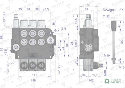 Rozdzielacz hydrauliczny 3-sekcyjny 80L z zatrzaskami VOIMA Rozdzielacz hydrauliczny 3-sekcyjny 80L z zatrzaskami VOIMA