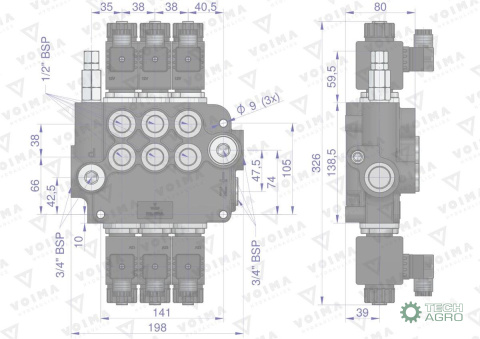 Rozdzielacz hydrauliczny 3-sekcyjny sterowany elektrycznie 12V 80L VOIMA Rozdzielacz hydrauliczny 3-sekcyjny sterowany elektrycznie 12V 80L VOIMA