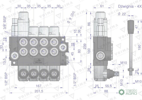 Rozdzielacz hydrauliczny 4-sekcyjny 40L (1-sekcja pływająca) VOIMA Rozdzielacz hydrauliczny 4-sekcyjny 40L (1-sekcja pływająca) VOIMA