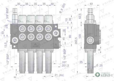 Rozdzielacz hydrauliczny 4-sekcyjny 40L sterowany na linkę VOIMA Rozdzielacz hydrauliczny 4-sekcyjny 40L sterowany na linkę VOIMA