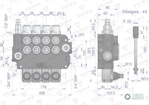 Rozdzielacz hydrauliczny 4-sekcyjny 80L VOIMA Rozdzielacz hydrauliczny 4-sekcyjny 80L VOIMA