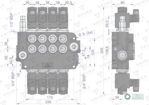 Rozdzielacz hydrauliczny 4-sekcyjny sterowany elektrycznie 12V 80L VOIMA Rozdzielacz hydrauliczny 4-sekcyjny sterowany elektrycznie 12V 80L VOIMA