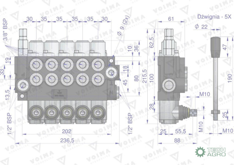 Rozdzielacz hydrauliczny 5-sekcyjny 40L (5-sekcji z zatrzaskiem) VOIMA Rozdzielacz hydrauliczny 5-sekcyjny 40L (5-sekcji z zatrzaskiem) VOIMA