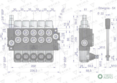 Rozdzielacz hydrauliczny 5-sekcyjny 40L VOIMA Rozdzielacz hydrauliczny 5-sekcyjny 40L VOIMA