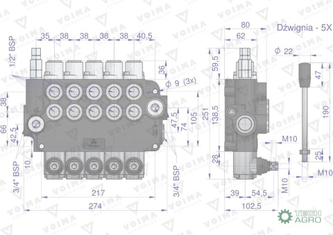Rozdzielacz hydrauliczny 5-sekcyjny 80L VOIMA Rozdzielacz hydrauliczny 5-sekcyjny 80L VOIMA