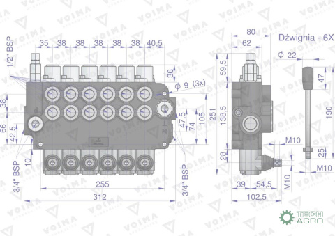 Rozdzielacz hydrauliczny 6-sekcyjny 80L VOIMA Rozdzielacz hydrauliczny 6-sekcyjny 80L VOIMA