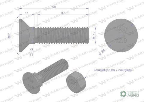 Śruba kpl. płużna podsadzana D 608 M12x50 mm kl.12.9 zastosowanie ząb SX Waryński Śruba kpl. płużna podsadzana D 608 M12x50 mm kl.12.9 zastosowanie ząb SX Waryński