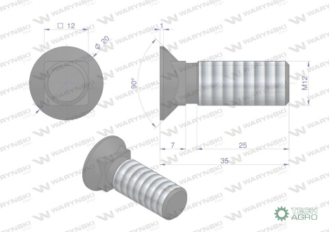 Śruba kpl. płużna podsadzana M12x35 mm kl.8.8 Waryński Śruba kpl. płużna podsadzana M12x35 mm kl.8.8 Waryński