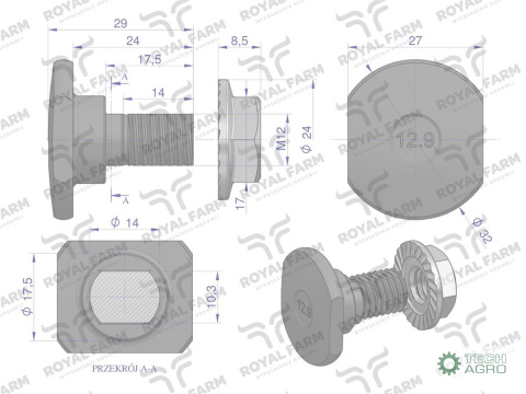 Śruba nożyka kpl. M12x29 zastosowanie Claas ROYAL FARM 1432290 001377266 Śruba nożyka kpl. M12x29 zastosowanie Claas ROYAL FARM 1432290 001377266