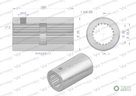 Tuleja, WOM łącząca frezowana 100mm Z21 - 1 3/8, Waryński Tuleja, WOM łącząca frezowana 100mm Z21 - 1 3/8, Waryński