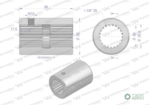 Tuleja, WOM łącząca frezowana 80mm Z21 - 1 3/8, Waryński Tuleja, WOM łącząca frezowana 80mm Z21 - 1 3/8, Waryński